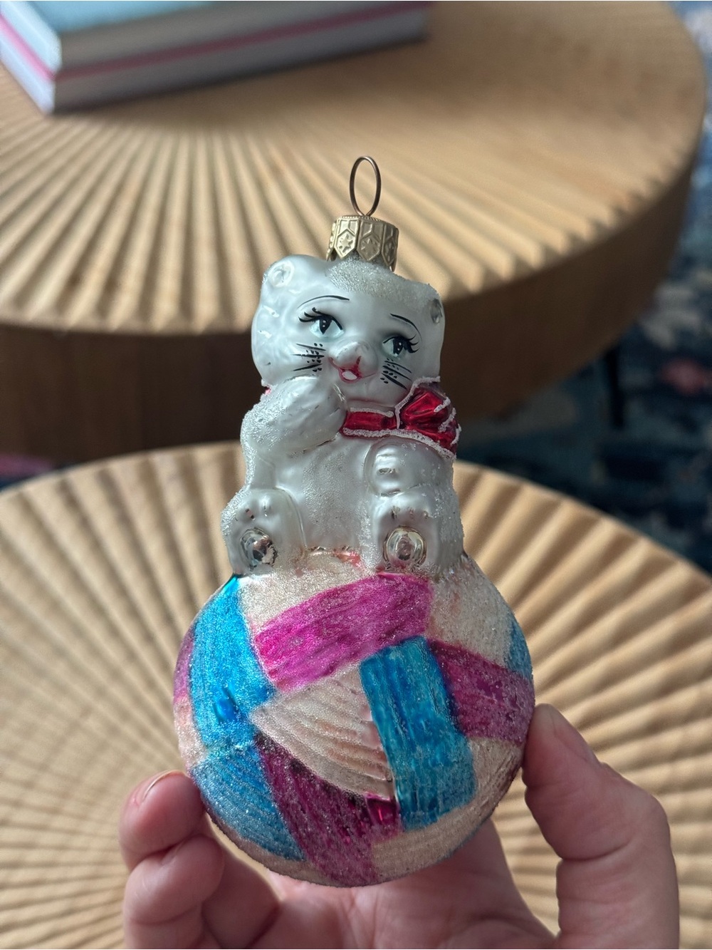 Vintage Christopher Radko blown-glass Christmas ornament Kitty on ball of yarn